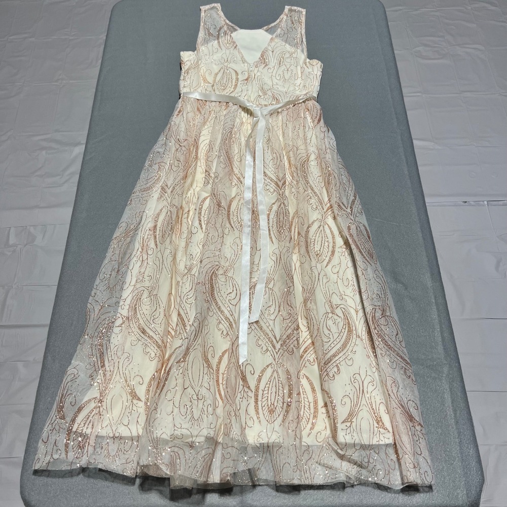 Rare Editions Girls 14 Rose Gold Glitter Damask Rhinestone Formal Gown Dress - Picture 2 of 14